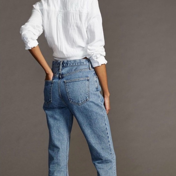 Agolde Relaxed Boot Cut Jeans 100% Organic Cotton Blue Denim Raw Hem Button Fly - Picture 2 of 6